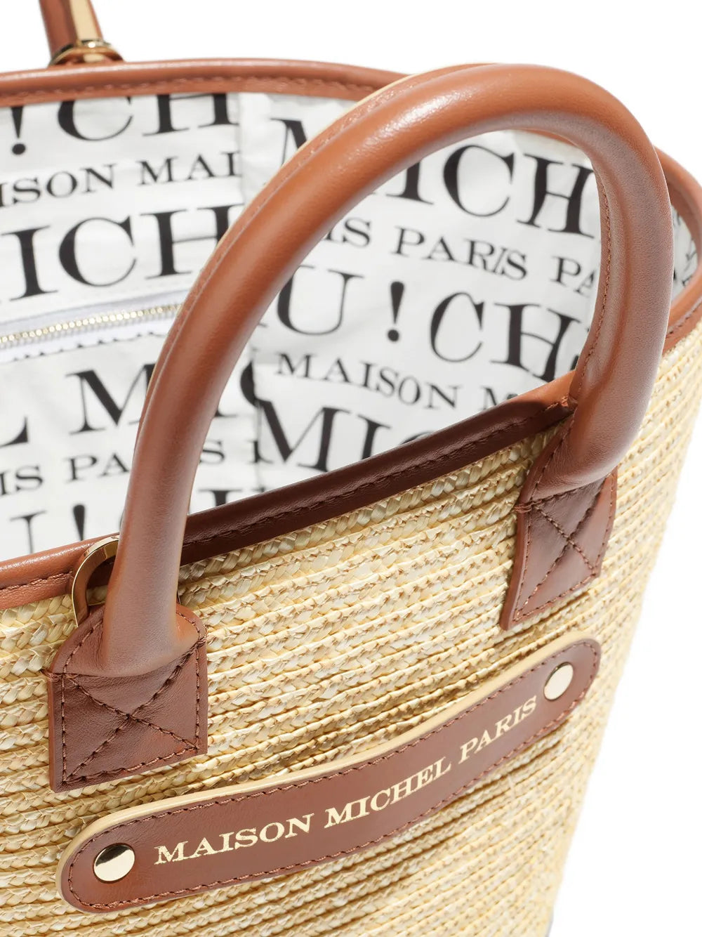 New SeasonMaison Michelleather-handle straw tote bag