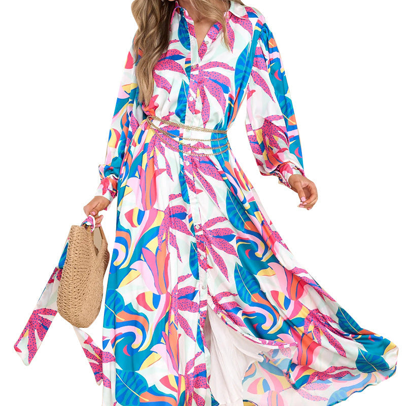 New Printed Dresses Long-sleeved Polo Collar Oversized Hem Dresses Women floriamart