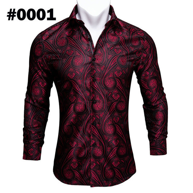 Barry.Wang Teal Paisley Floral Silk Shirts Men Autumn Long Sleeve Casual Flower Shirts For Men Designer Fit Dress Shirt BCY-05 floriamart