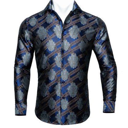 Barry.Wang Teal Paisley Floral Silk Shirts Men Autumn Long Sleeve Casual Flower Shirts For Men Designer Fit Dress Shirt BCY-05 floriamart