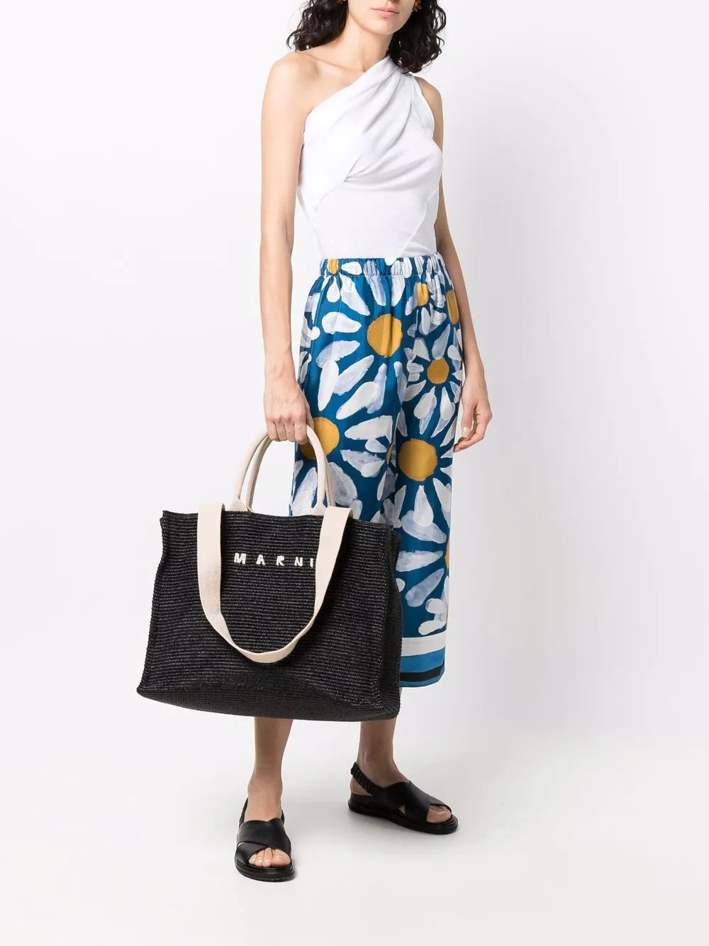 Marnilogo-embroidered raffia tote bag
