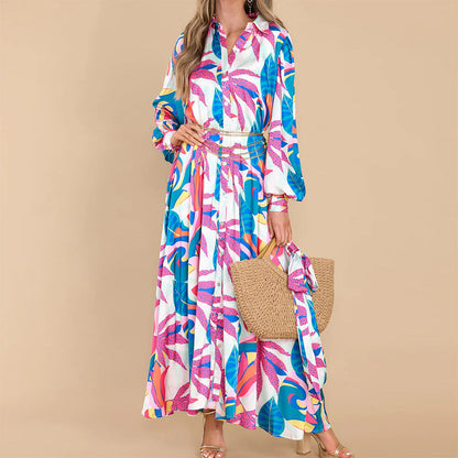 New Printed Dresses Long-sleeved Polo Collar Oversized Hem Dresses Women floriamart