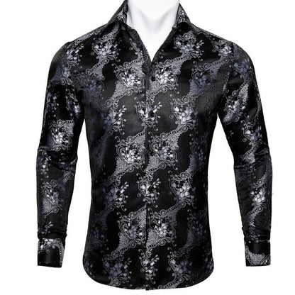 Barry.Wang Teal Paisley Floral Silk Shirts Men Autumn Long Sleeve Casual Flower Shirts For Men Designer Fit Dress Shirt BCY-05 floriamart