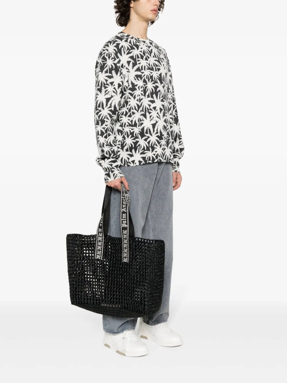 Palm Angelslogo-strap raffia tote bag