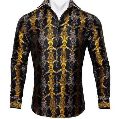 Barry.Wang Teal Paisley Floral Silk Shirts Men Autumn Long Sleeve Casual Flower Shirts For Men Designer Fit Dress Shirt BCY-05 floriamart