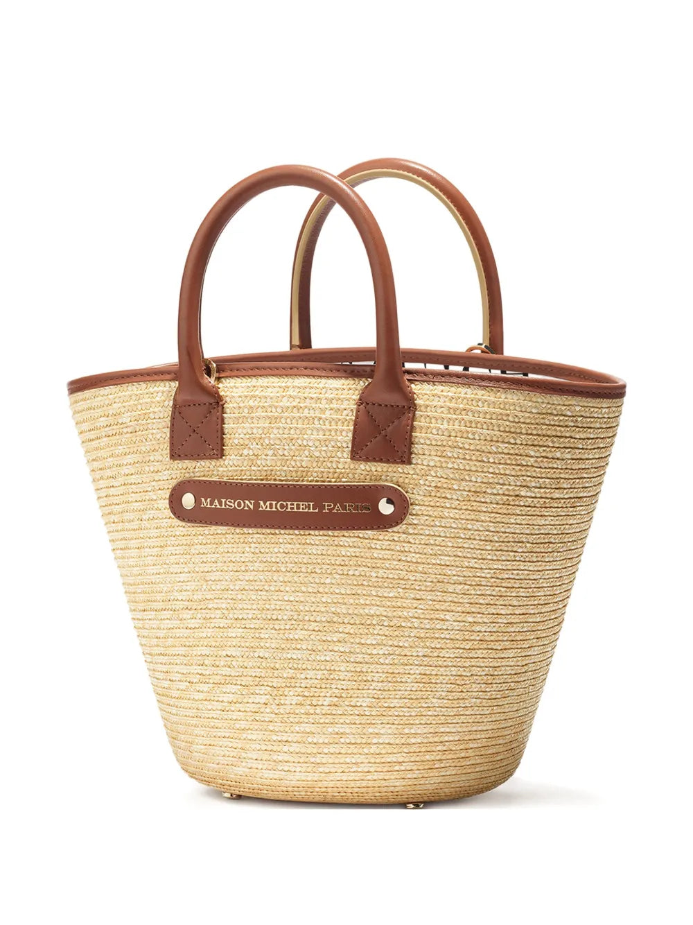 New SeasonMaison Michelleather-handle straw tote bag