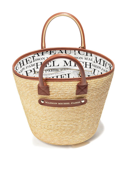 New SeasonMaison Michelleather-handle straw tote bag