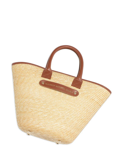 New SeasonMaison Michelleather-handle straw tote bag