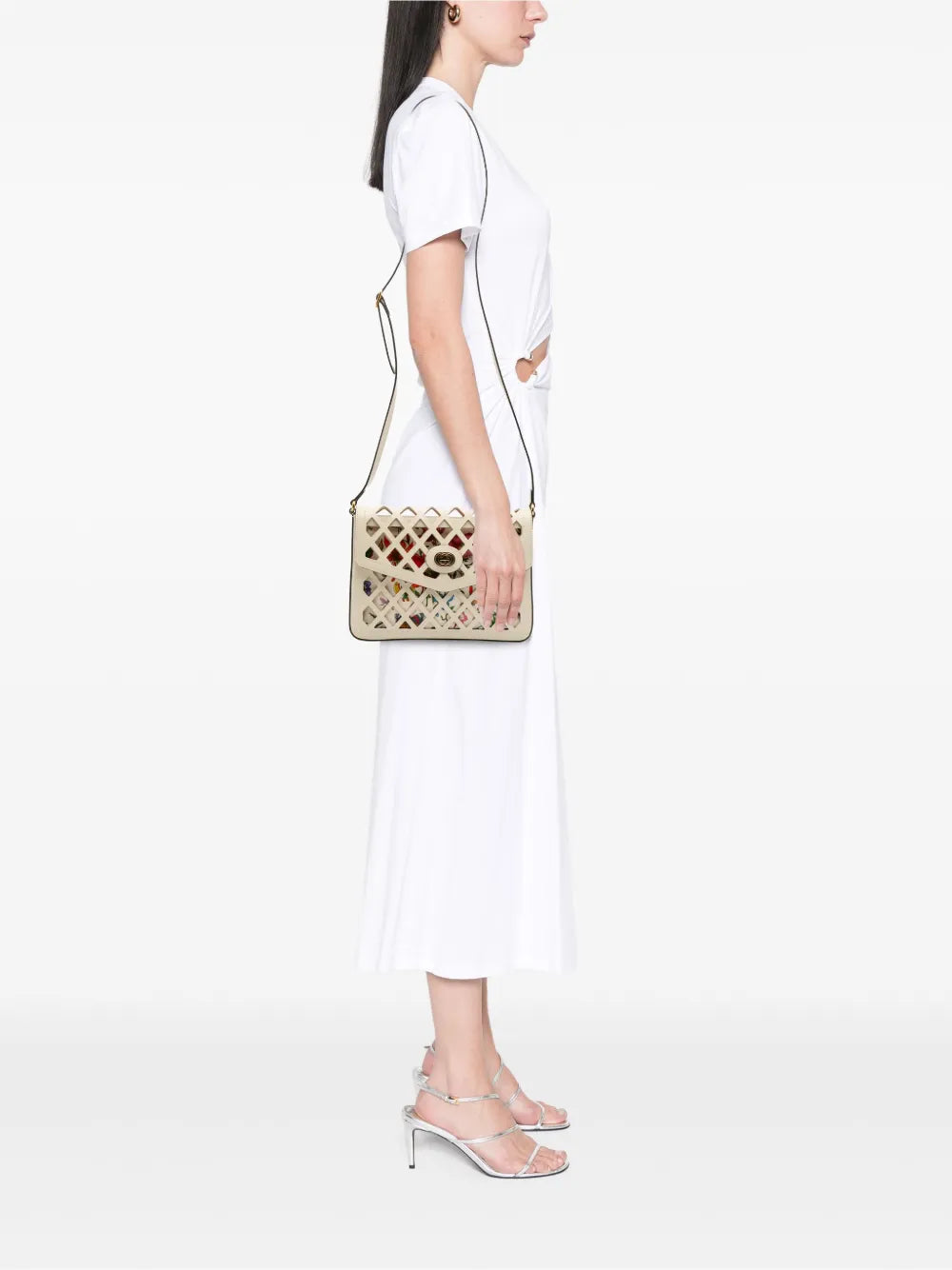 Pre-OwnedGucci Pre-Owned2016-2025 Medium Cutout Leather and Flora Canvas Traforata Flap crossbody bag