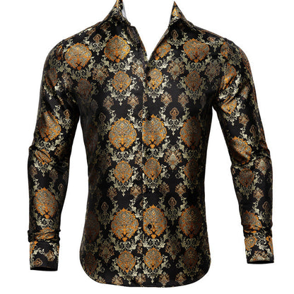 Barry.Wang Teal Paisley Floral Silk Shirts Men Autumn Long Sleeve Casual Flower Shirts For Men Designer Fit Dress Shirt BCY-05 floriamart