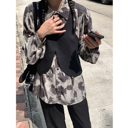 Blouse Long Sleeve Black Gray Color Block Leopard Shirt Button Up Chain Top Single-Breasted Womens Blouses Loose floriamart