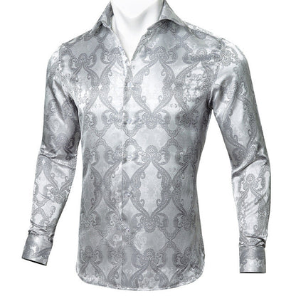 Barry.Wang Teal Paisley Floral Silk Shirts Men Autumn Long Sleeve Casual Flower Shirts For Men Designer Fit Dress Shirt BCY-05 floriamart