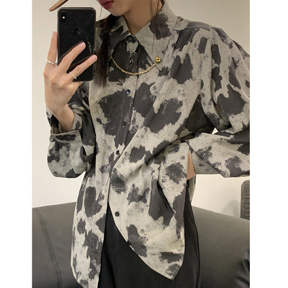 Blouse Long Sleeve Black Gray Color Block Leopard Shirt Button Up Chain Top Single-Breasted Womens Blouses Loose floriamart