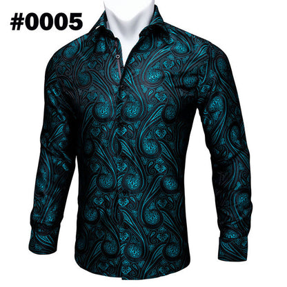 Barry.Wang Teal Paisley Floral Silk Shirts Men Autumn Long Sleeve Casual Flower Shirts For Men Designer Fit Dress Shirt BCY-05 floriamart
