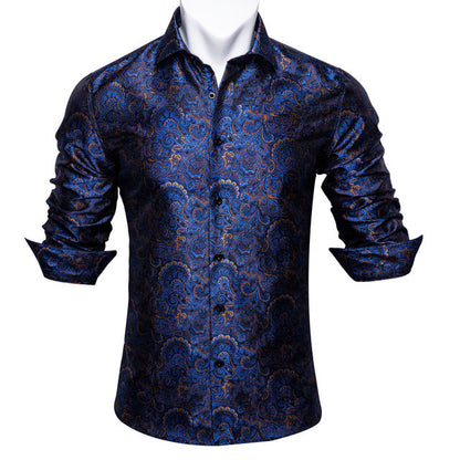 Barry.Wang Teal Paisley Floral Silk Shirts Men Autumn Long Sleeve Casual Flower Shirts For Men Designer Fit Dress Shirt BCY-05 floriamart