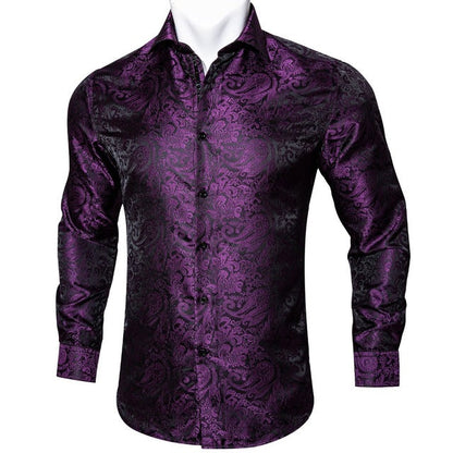 Barry.Wang Teal Paisley Floral Silk Shirts Men Autumn Long Sleeve Casual Flower Shirts For Men Designer Fit Dress Shirt BCY-05 floriamart