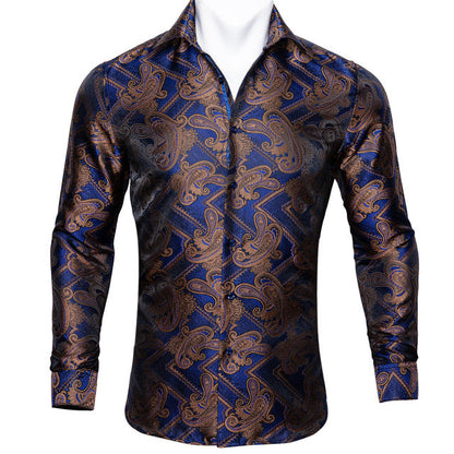 Barry.Wang Teal Paisley Floral Silk Shirts Men Autumn Long Sleeve Casual Flower Shirts For Men Designer Fit Dress Shirt BCY-05 floriamart
