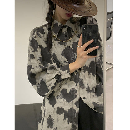 Blouse Long Sleeve Black Gray Color Block Leopard Shirt Button Up Chain Top Single-Breasted Womens Blouses Loose floriamart