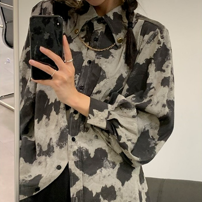 Blouse Long Sleeve Black Gray Color Block Leopard Shirt Button Up Chain Top Single-Breasted Womens Blouses Loose floriamart