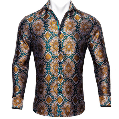 Barry.Wang Teal Paisley Floral Silk Shirts Men Autumn Long Sleeve Casual Flower Shirts For Men Designer Fit Dress Shirt BCY-05 floriamart
