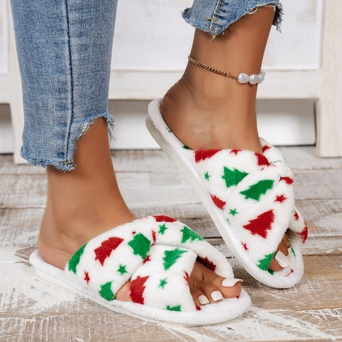 Christmas Tree Pattern Furry Bedroom Slippers floriamart.shop