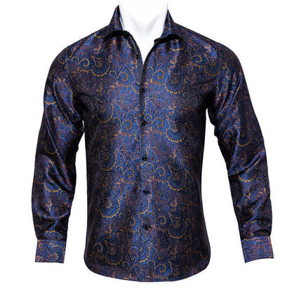 Barry.Wang Teal Paisley Floral Silk Shirts Men Autumn Long Sleeve Casual Flower Shirts For Men Designer Fit Dress Shirt BCY-05 floriamart