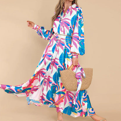New Printed Dresses Long-sleeved Polo Collar Oversized Hem Dresses Women floriamart