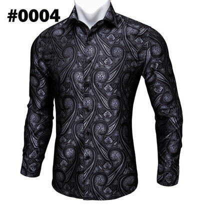 Barry.Wang Teal Paisley Floral Silk Shirts Men Autumn Long Sleeve Casual Flower Shirts For Men Designer Fit Dress Shirt BCY-05 floriamart