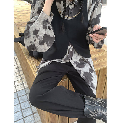 Blouse Long Sleeve Black Gray Color Block Leopard Shirt Button Up Chain Top Single-Breasted Womens Blouses Loose floriamart