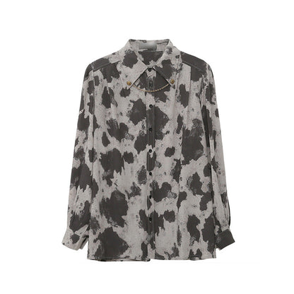 Blouse Long Sleeve Black Gray Color Block Leopard Shirt Button Up Chain Top Single-Breasted Womens Blouses Loose floriamart