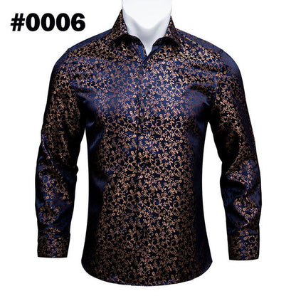 Barry.Wang Teal Paisley Floral Silk Shirts Men Autumn Long Sleeve Casual Flower Shirts For Men Designer Fit Dress Shirt BCY-05 floriamart