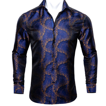 Barry.Wang Teal Paisley Floral Silk Shirts Men Autumn Long Sleeve Casual Flower Shirts For Men Designer Fit Dress Shirt BCY-05 floriamart
