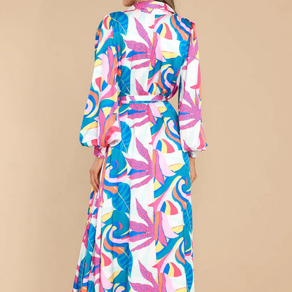 New Printed Dresses Long-sleeved Polo Collar Oversized Hem Dresses Women floriamart