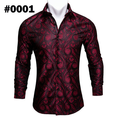Barry.Wang Teal Paisley Floral Silk Shirts Men Autumn Long Sleeve Casual Flower Shirts For Men Designer Fit Dress Shirt BCY-05 floriamart