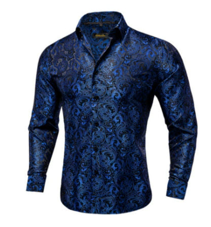 Barry.Wang Teal Paisley Floral Silk Shirts Men Autumn Long Sleeve Casual Flower Shirts For Men Designer Fit Dress Shirt BCY-05 floriamart